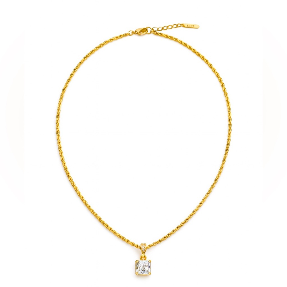 NEW 18K GOLD PLATED LUXURY ROPE CHAIN WITH SQUARE CZ PENDANT – ADJUSTABLE